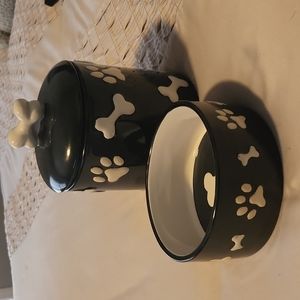 Black and white Doggie Bowl and Treat Canister